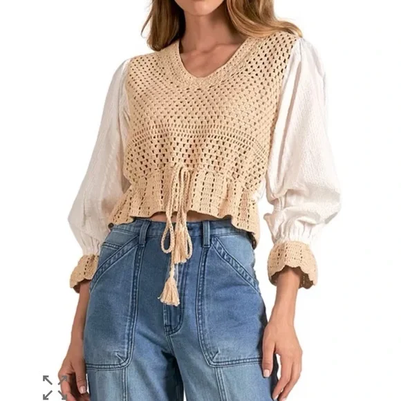 Elan Beige Crochet Blouse with White Sleeves - Picture 1 of 12